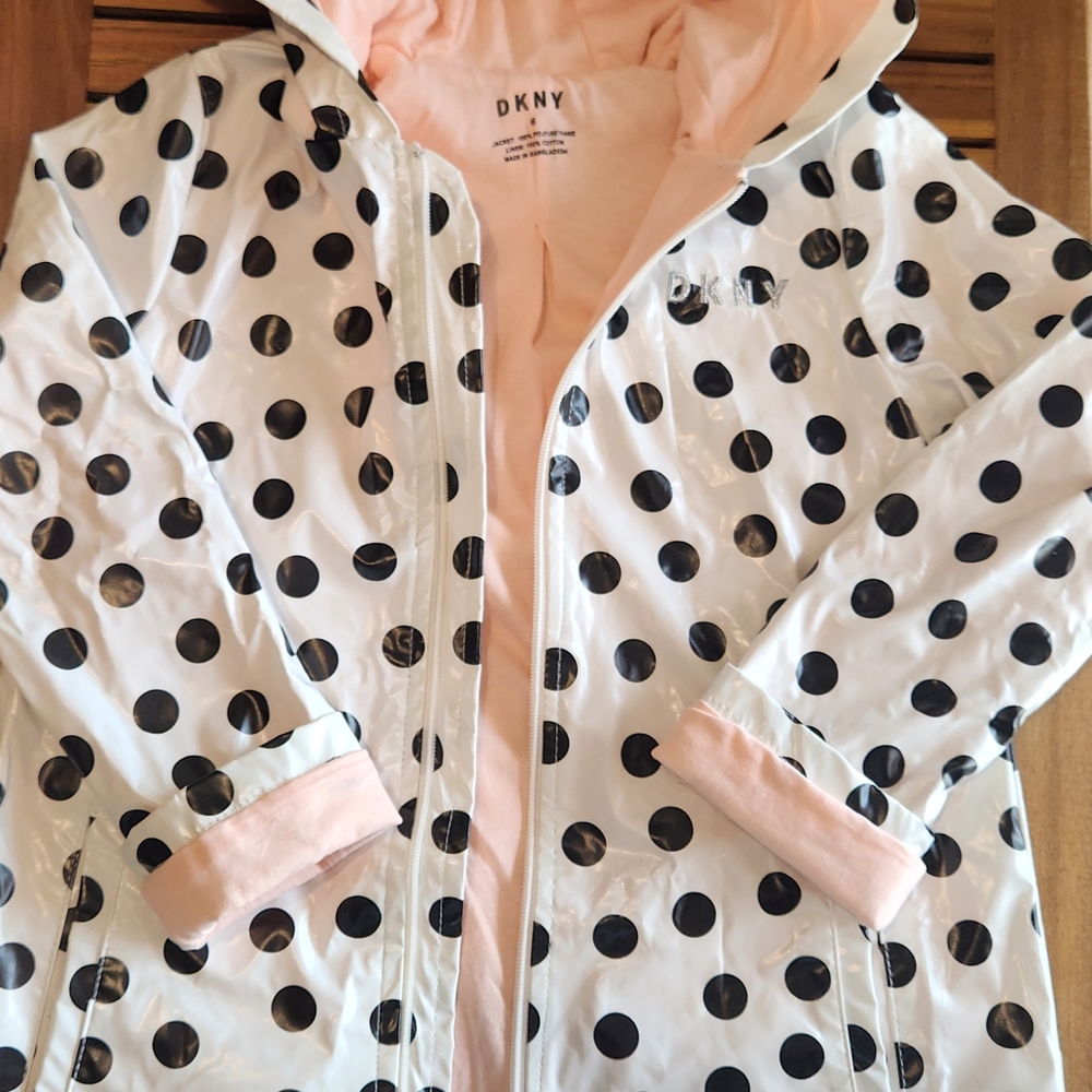 DKNY Black and White Polka Dot Jacket with Pink Lining